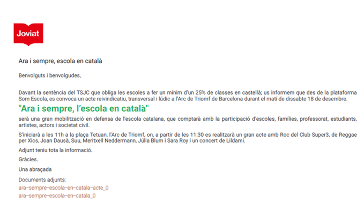 Reproducción del mail enviado a las familias por parte de la dirección del colegio Joviat informando de la manifestación contra el bilingüismo y las sentencias del TSJC y Supremo