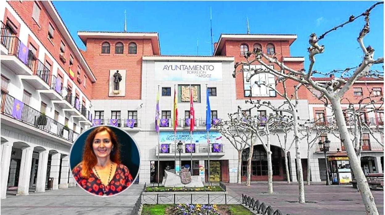 Fachada del Ayuntamiento de Torrejón de Ardoz; en la imagen redonda, la portavoz de Podemos, Olga Jiménez