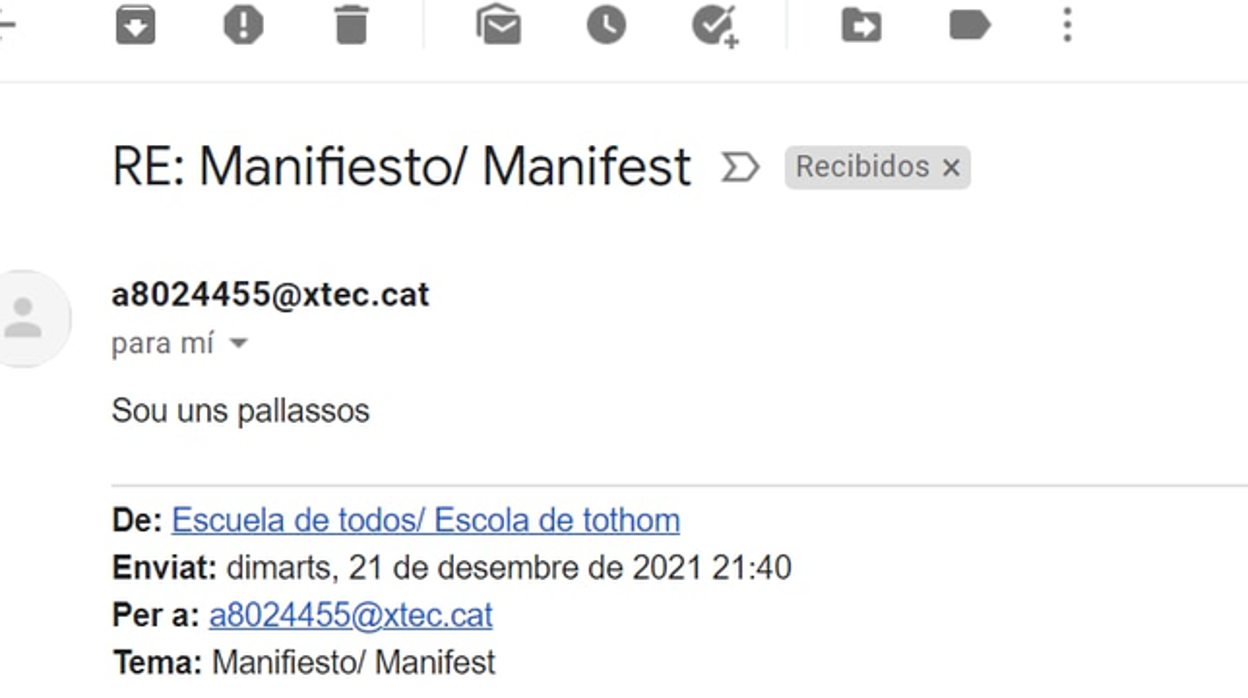 Captura de imagen del mail recibido por la AEB de un colegio de Sabadell