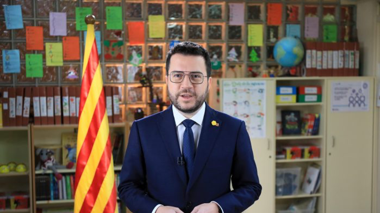 Pere Aragonès, presidente de la Generalitat, durante su discurso, hoy