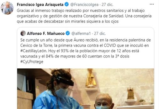 Mensaje en Twitter de Francisco Igea en respuesta a una publicación de Alfonso Fernández Mañueco