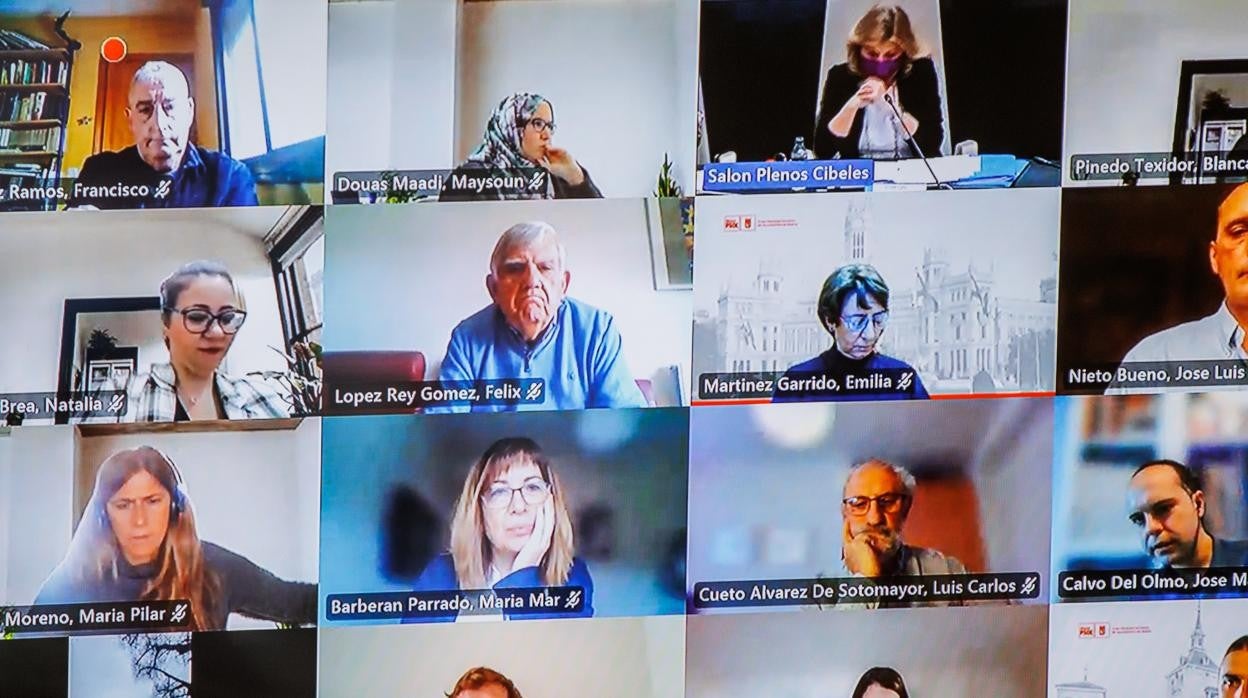 La pantalla con los concejales conectados al Pleno, este miércoles, por vía telemática