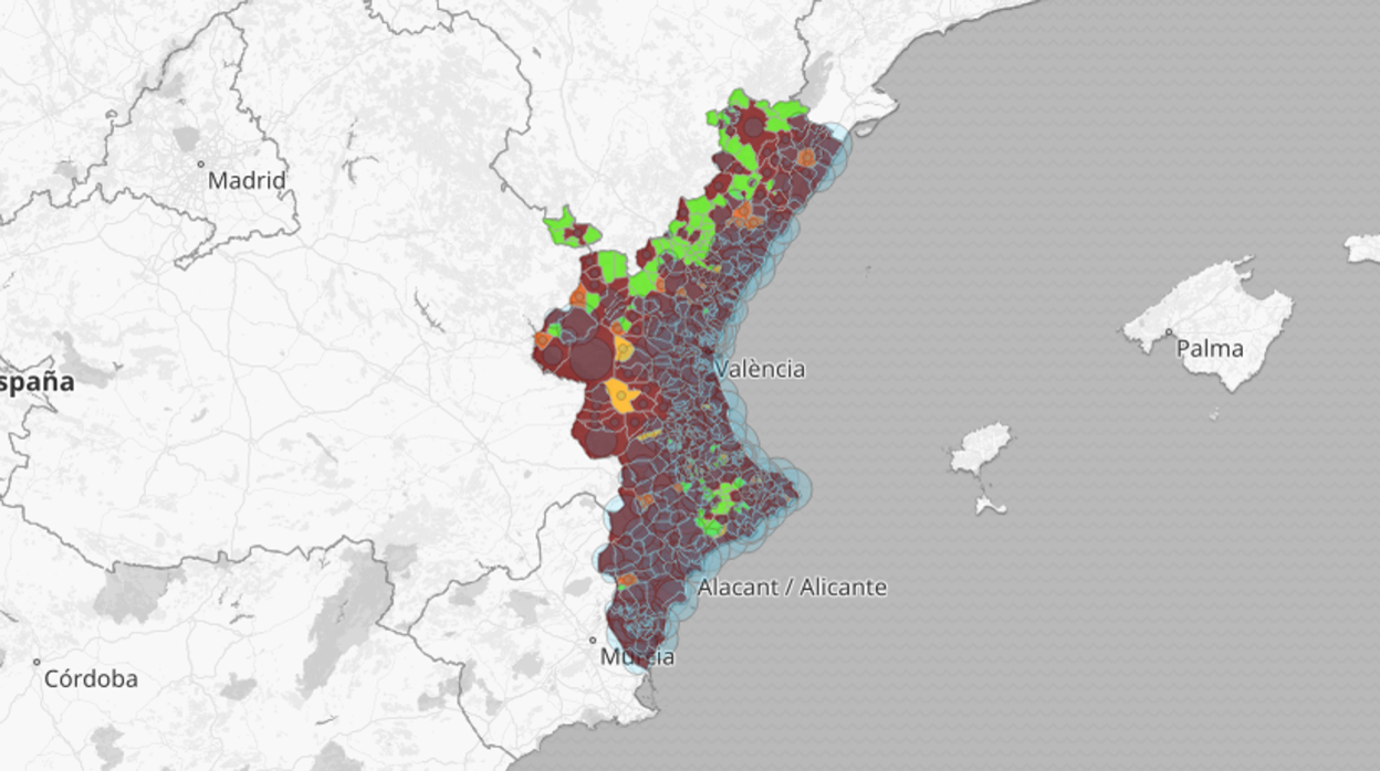 Mapa con la incidencia acumulada de coronavirus en la Comunidad Valenciana en los últimos catorce días