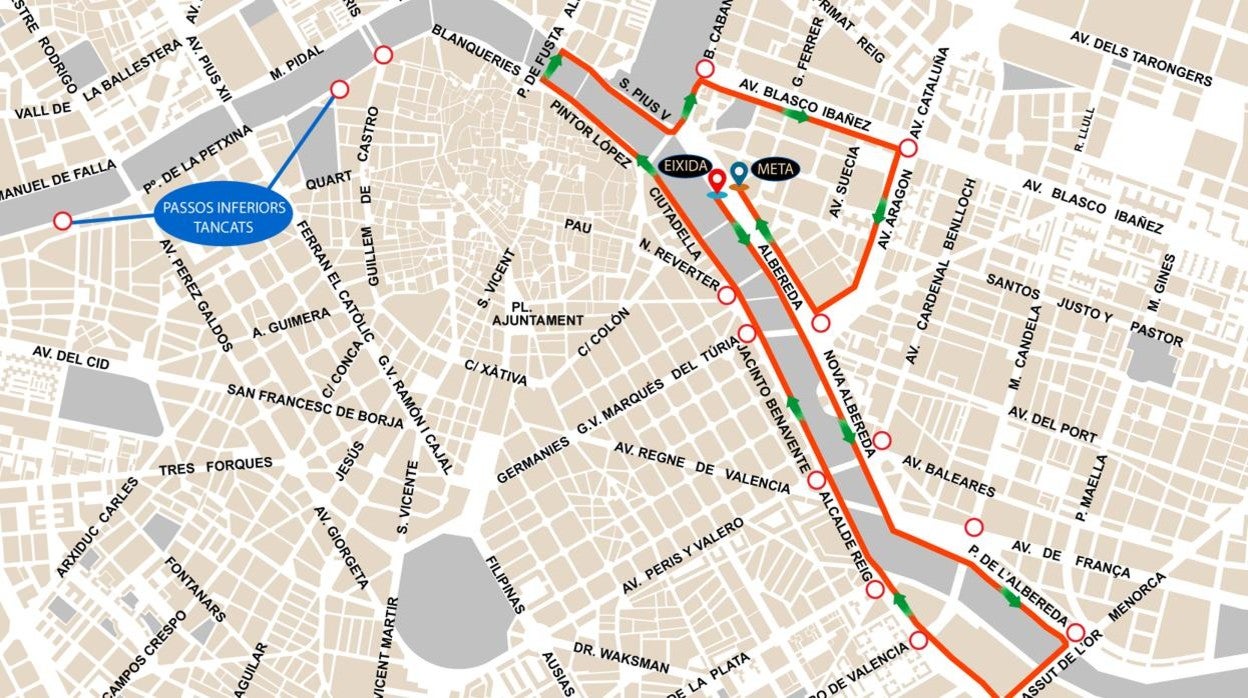 Mapa del recorrido de la carrera «10K Valencia Ibercaja» del domingo 9 de enero