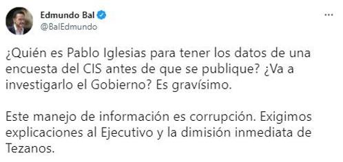 Iglesias envía un mensaje con los datos del CIS sobre Castilla y León, antes de ser publicados, y lo borra minutos después