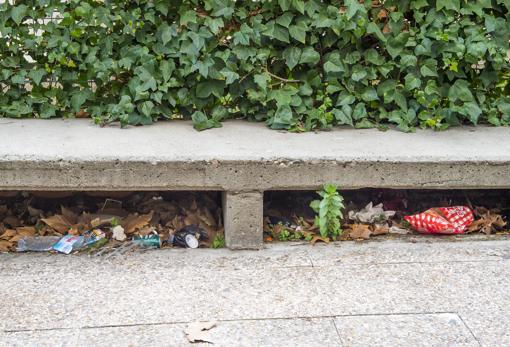 Restos de basura y hojas secas sin retirar, bajo un banco