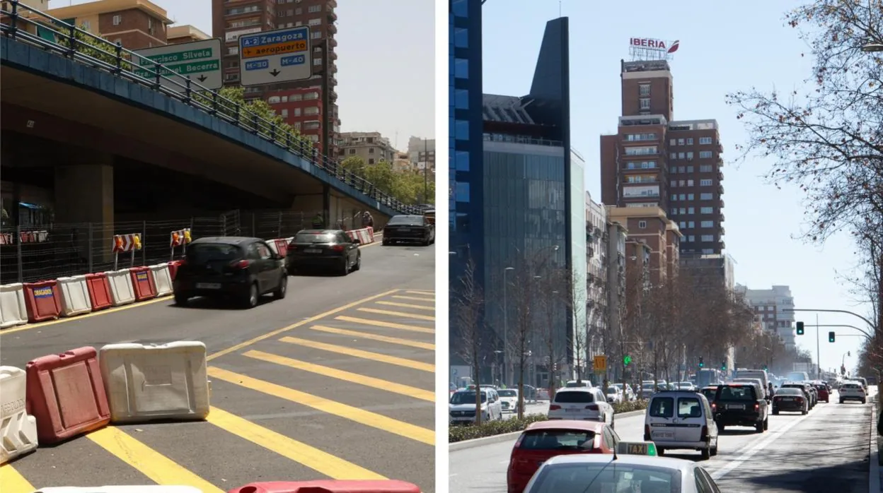 El puente de Joaquín Costa antes de ser derribado en 2020; a la derecha, situación actual de la calle