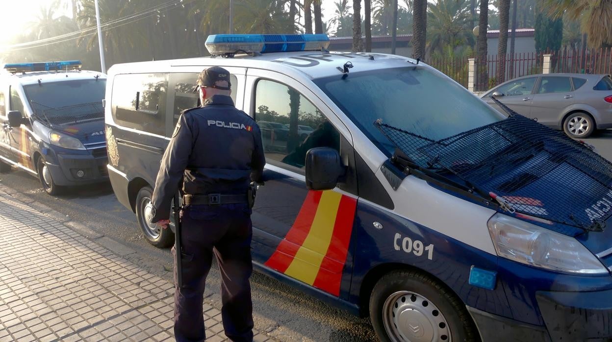 Un agente de la Policía Nacional de Elche junto a varios vehículos patrulla