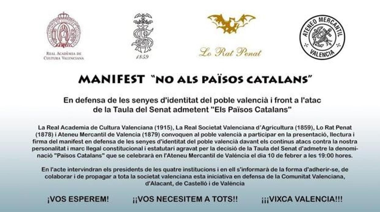 Imagen de la convocatoria del manifiesto contra los países catalanes en Valencia