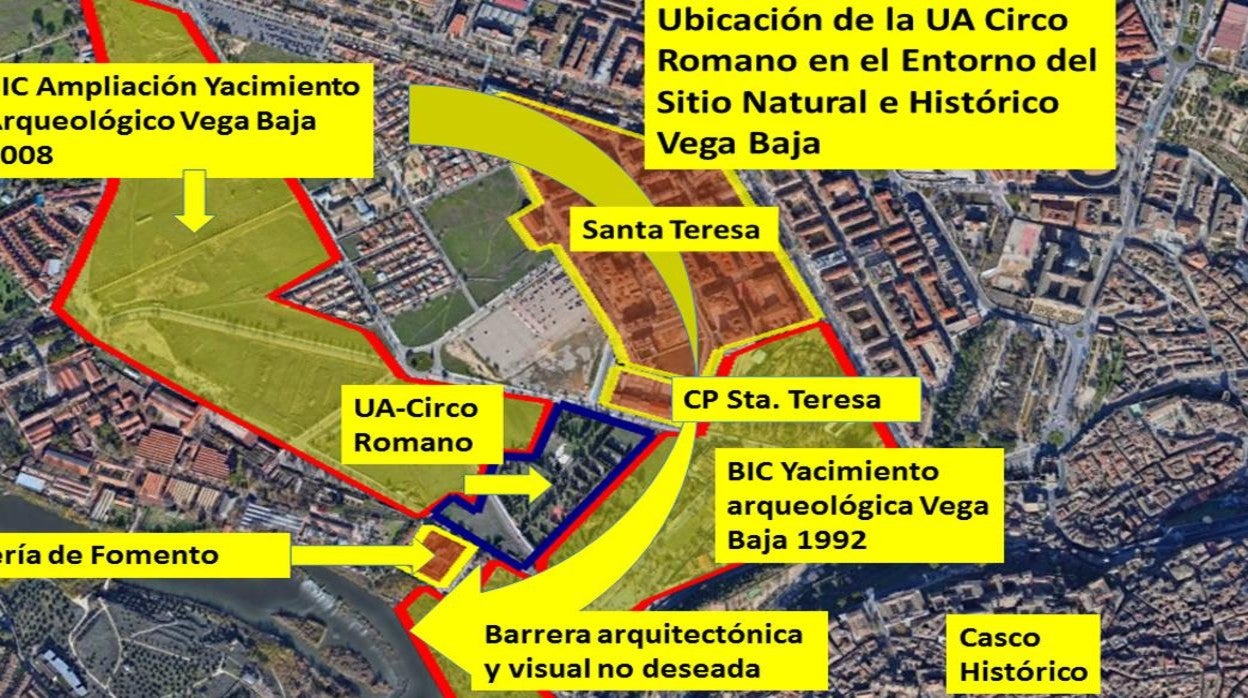 Ubicación de la UE Circo Romano de la Modificación 28 del PGMOU de 1986 t efecto barrera de las construcciones respecto a las vistas protegidas del CH. Fuente: Elaboración personal de A. Zárate