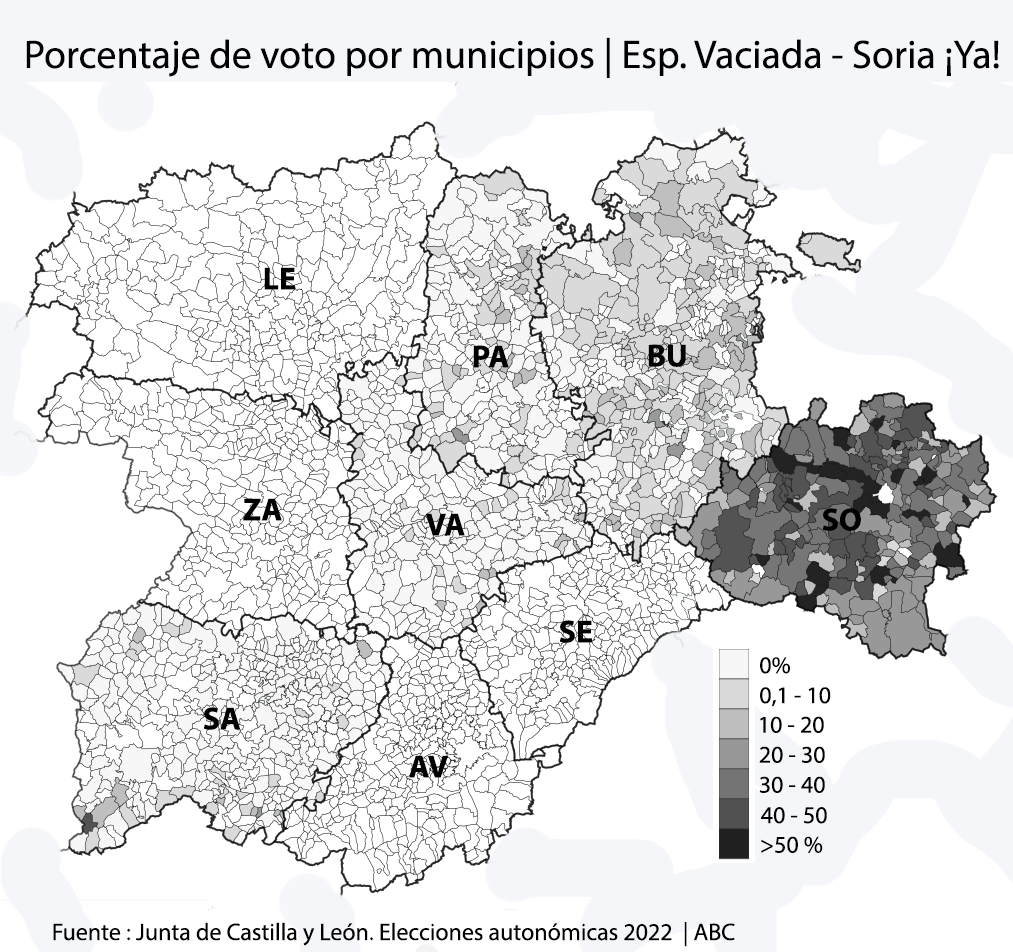 Porcentaje de voto de España Vaciada y Soria ¡Ya! en las elecciones de Castilla y León 2022 en cada municipio