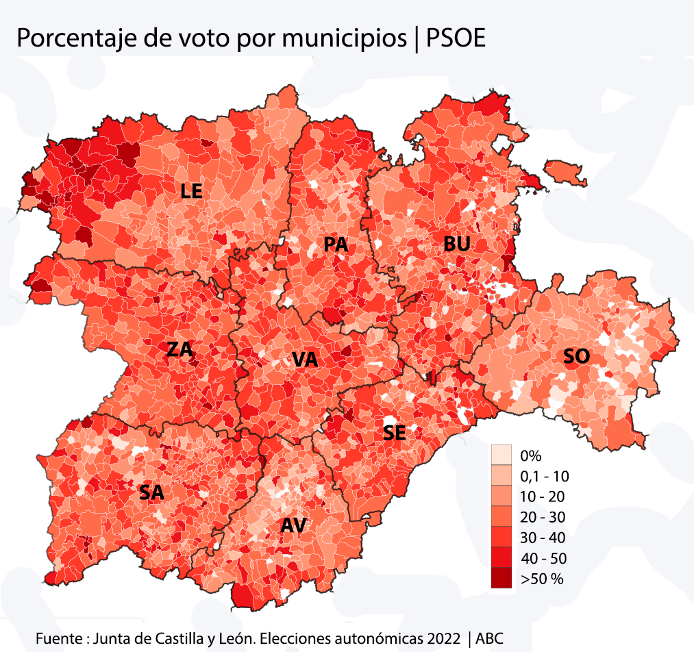 Porcentaje de voto del PSOE en las elecciones de Castilla y León en cada municipio