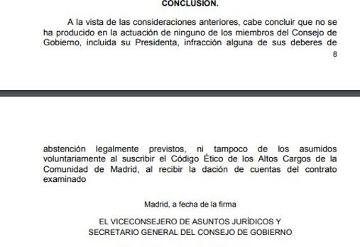 Un informe jurídico concluye que Ayuso no incurrió en ninguna infracción sobre incompatibilidades ni del Código Ético