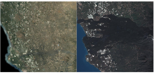 Antes y después de las 1.241 hectáreas afectadas por la lava