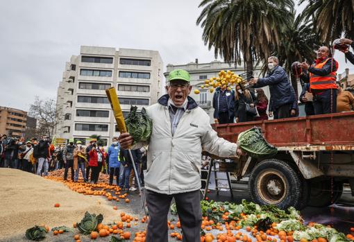 Un agricultor lanza lechugas en la manifestación de Valencia