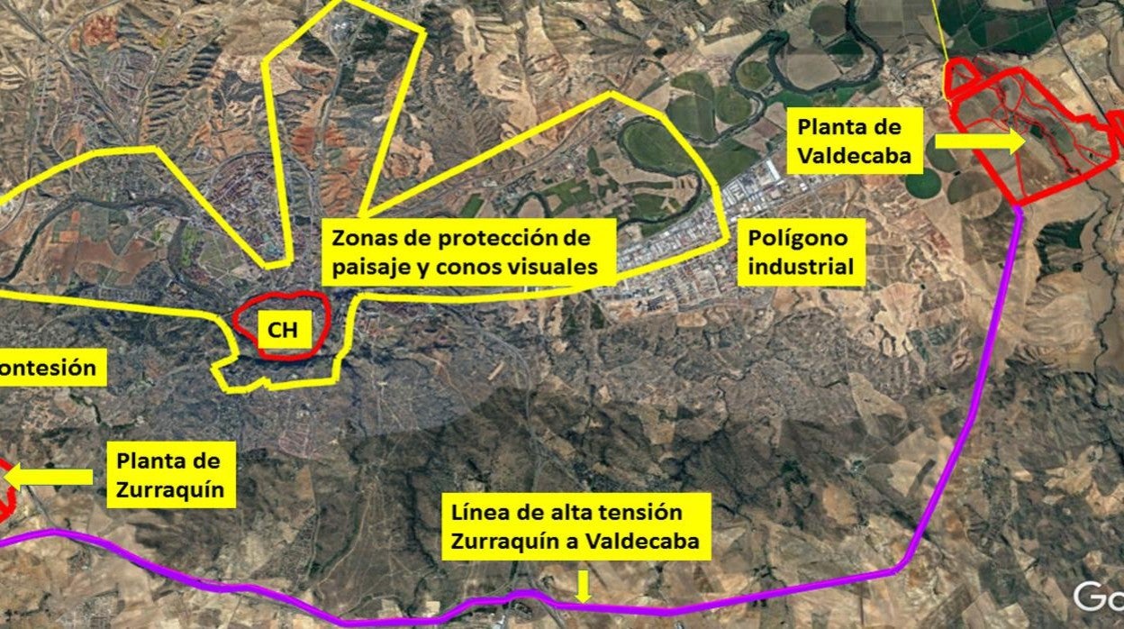 Proyecto de instalación de 'Planta Fotovoltaica en Toledo' y zonas de protección de paisaje. Fuente: Elaboración por el autor a partir de información del proyecto de Planta Solar Fotovoltaica 'La Campiña'