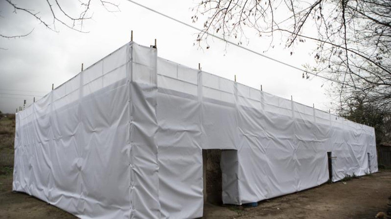 La Casa del Peón de la Cuarta Esclusa, cubierta de andamios, ayer, para su rehabilitación tras ser desalojada;