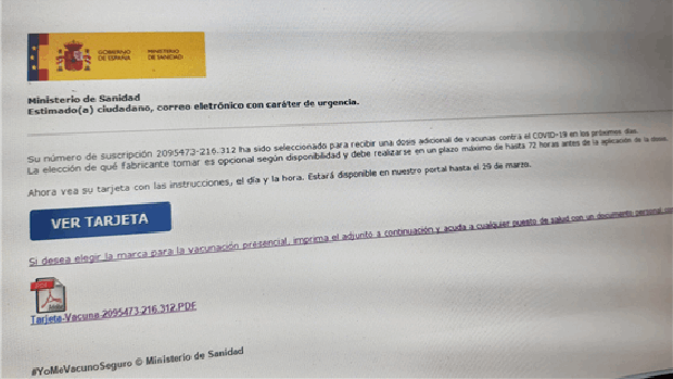 Alertan de un fraude que simula ser la cita para una dosis extra de la vacuna contra el coronavirus