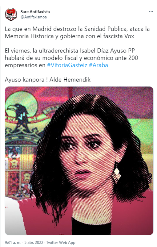 Mensaje en el perfil de Twitter de Sare Antifaxista