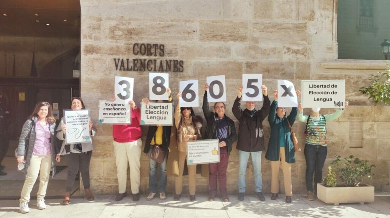 Miembros de Hablamos Español frente a las Cortes Valencianas, para la entrega de firmas de la ILP