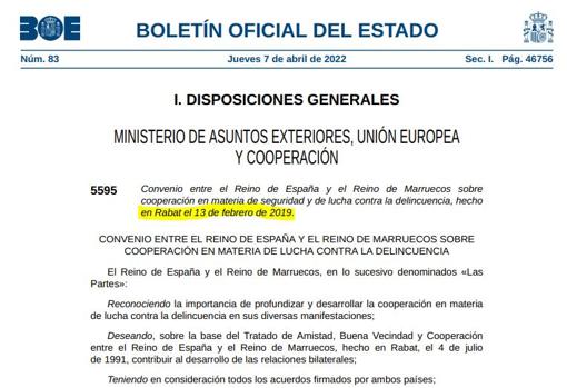 Publicación del BOE hoy, con la fecha en la cual se pactó el acuerdo: 13 de febrero de 2019