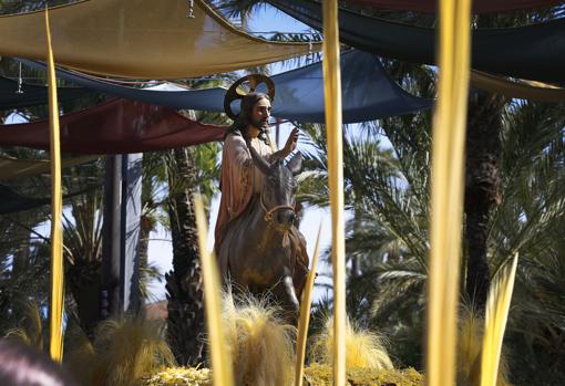 Los fieles portan sus palmas blancas, algunas de ellas ornamentales, durante la procesión junto al paso de Jesús Triunfante este Domingo de Ramos en Elche