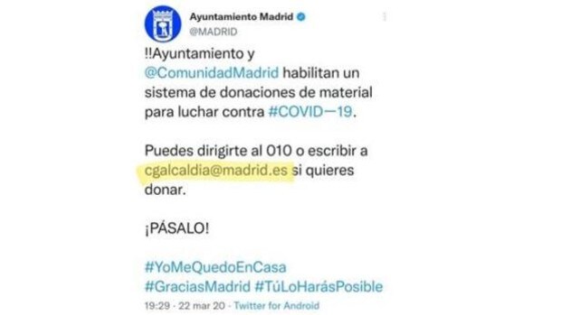 El Ayuntamiento de Madrid publicó en Twitter el correo genérico al que escribieron los comisionistas