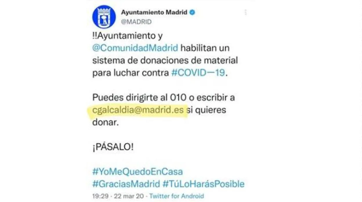 Tuit que publicó el Ayuntamiento de Madrid en marzo de 2020