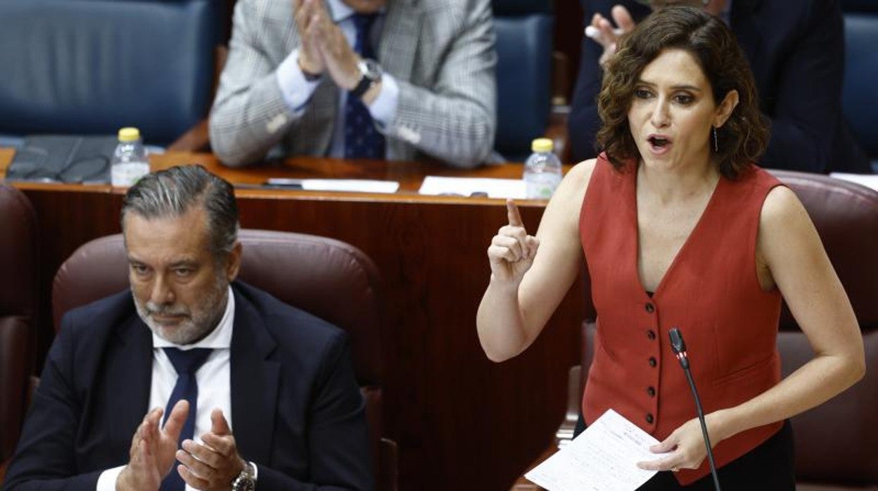 La presidenta de la Comunidad de Madrid, Isabel Díaz Ayuso, esta mañana en la sesión de control al gobierno en la Asamblea de Madrid