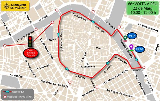 Calles cortadas en Valencia y restricciones al tráfico este domingo 22 de mayo por la Volta a Peu