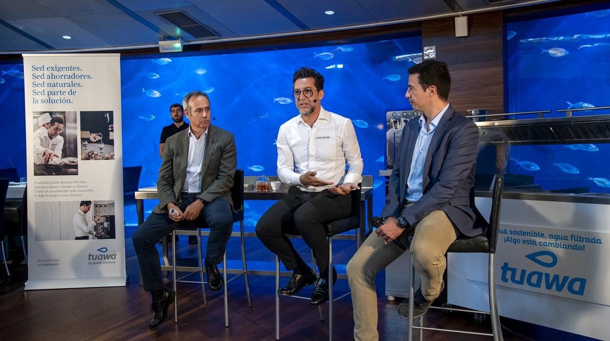 Dionisio García, Quique Dacosta y Juan Monrabal en la presentación celebrada en el Oceanogràfic de Valencia