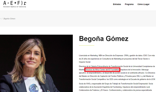 Así lucía ayer mismo el currículum de Begoña Gómez en el Congreso de AEFr, celebrado hace justo una semana