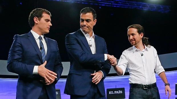 Rivera, Sánchez e Iglesias, en el debate del pasado lunes