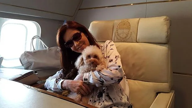 Cristina Fernández de Kirchner con uno de sus perritos a bordo del avión