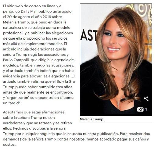 Nota de disculpa del diario a Melania Trump