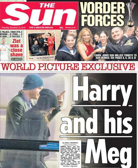 Meghan Markle y el Príncipe Harry en una portada del rotativo «The Sun»