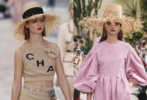 En el último desfile de Karl Lagerfeld para Chanel (izq.) se vieron sombreros de paja de ala ancha deshilachada con cintillos negros en el copete. Der., Valentino y sus delicadas pamelas