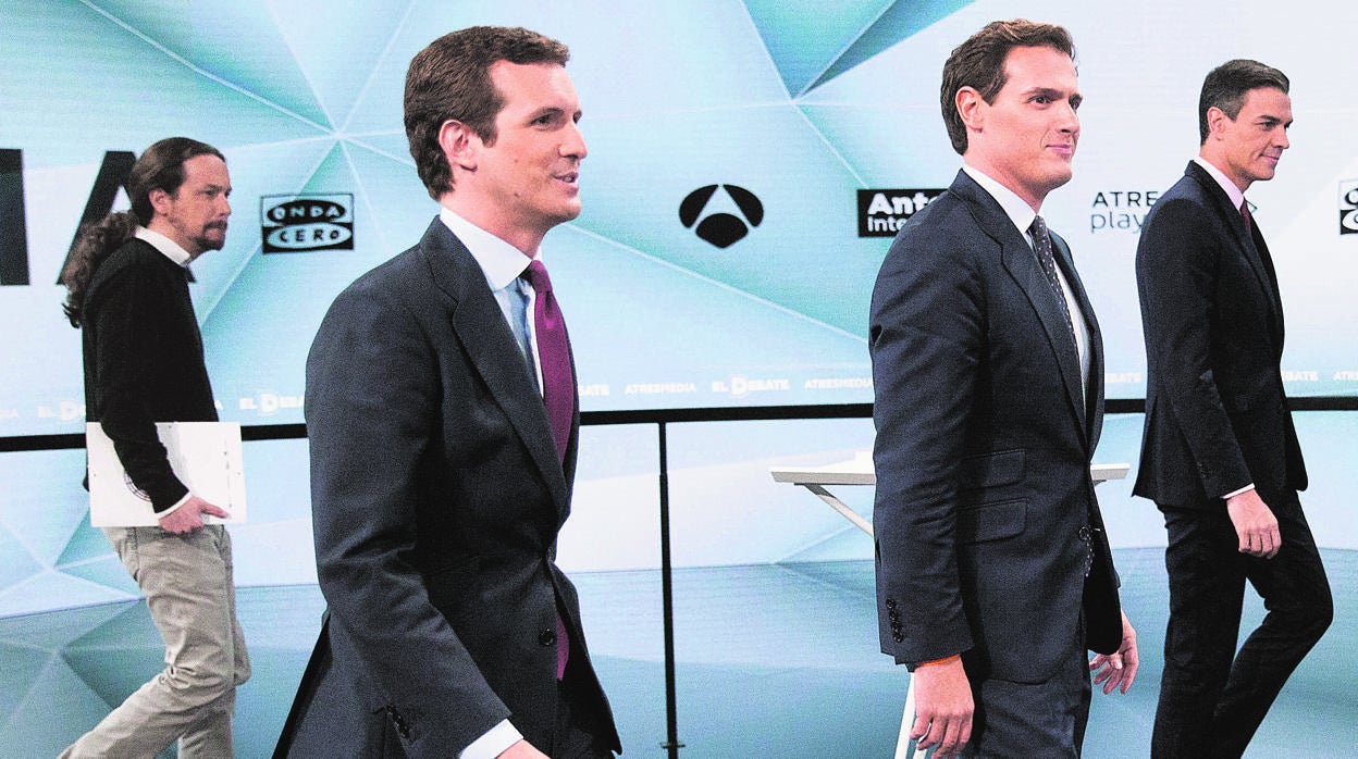 Debate a 4 de Atresmedia con Pablo Casado , Pedro Sanchez , Albert Rivera y Pablo Iglesias