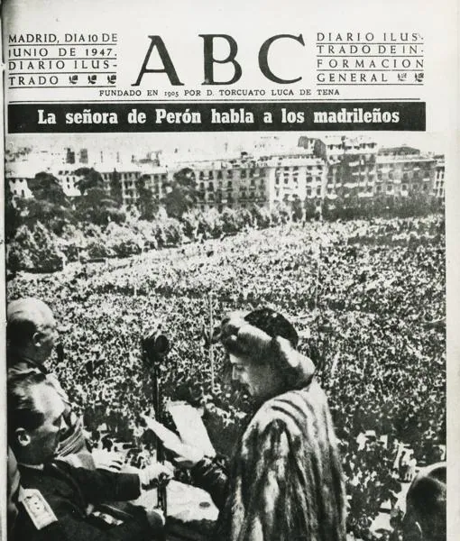 Portada de ABC que recoge el discurso de Evita a una multitud de madrileños durante su visita oficial a España