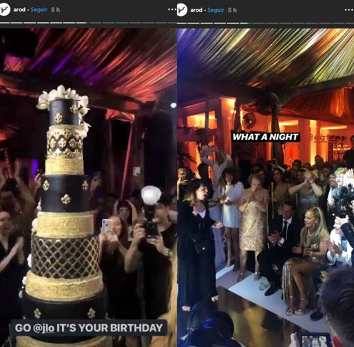 La tarta del cumpleaños y a la derecha Jennifer López con su pareja Alex Rodriguez entre sus invitados