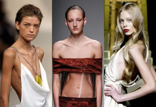 De izq. a der, la modelo Natalia Gots para Guy Laroche, en 2006; momento del desfile de Iris van Herpen en 2015, en París; y Tanya Dziahileva en Cavalli