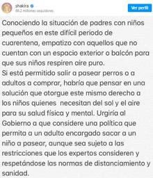 Shakira pide al Gobierno que se permita sacar a pasear a los niños durante el confinamiento