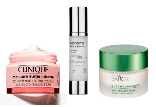 De izquierda a derecha: Crema hidratante facial Moisture Surge Intense 72 horas de Clinique (36 €); Crema gel hidratante para pieles mixtas Hidraderm TRX de Sesderma (38,36 €) y Crema hidratante facial diaria Moisture Glow Cream de Dr Babor (44 €).