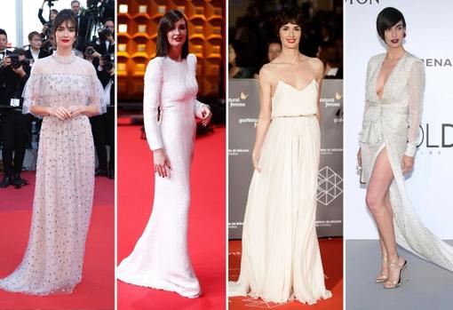 De izda. a dcha.: Paz Vega en el Festival de Cannes en 2019, en los Premios Goya de 2020, el Festival de Cine de Málaga de 2016 y los AmfAR de 2017