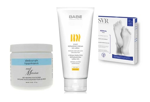 De izquierda a derecha: Exfoliante para pies Soul Mission Self Heating Foot Scrub de Deborah Lippmann (170 €); Crema reparadora para pies Urea 10% de Babé (9,70 €); Mascarilla exfoliante para los pies en formato calcetín Xerial Peel de SVR (19,90 €).