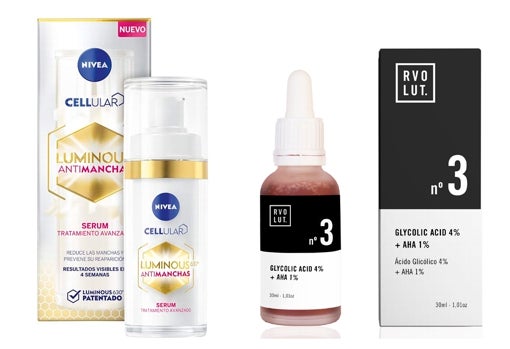 De izquierda a derecha: Sérum antimanchas Luminous 630 de Nivea Cellular (15,99 €) y Peeling facial Glycolic Acid 4% + AHA 1% de Rvolut (27 €).