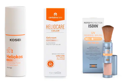 De izquierda a derecha: Crema solar facial con color SPF 50+ Heliokos de Kosei (17,90 €); Protector solar con color Heliocare Color Gelcream SPF 50 (18,80 €); Fotoprotector Isdin UV Mineral Brush, ideal para reaplicar encima del maquillaje (26,95 €).