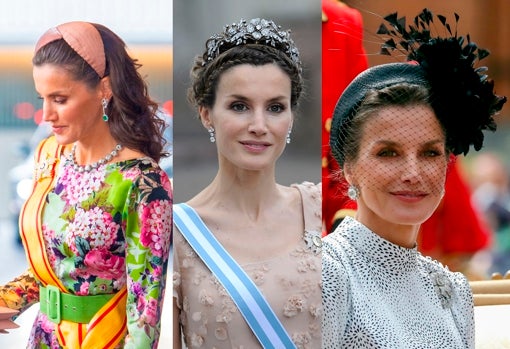 Doña Letizia con diadema, tiara y tocado.