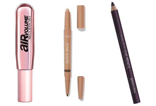 De izquierda a derecha: Máscara de pestañas Air Volume Mega de L'Oréal Paris (12,95 €); Delineador y sombra de ojos dual Quick Stick Waterproof de Tarte (29,99 €, solo en Sephora); Lápiz de ojos de Camaleon Cosmetics (3,50 €).