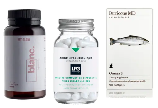 De izquierda a derecha: My Glow Coenzima Q10 + Antiox de Blanc Supplements (49,95 €); Suplementos Omega 3 de Perricone MD (41 €); y Suplementos Ácido Hialurónico de LPG (47 €).